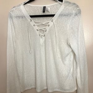 White Long Sleeve Lace up V-Neck Top